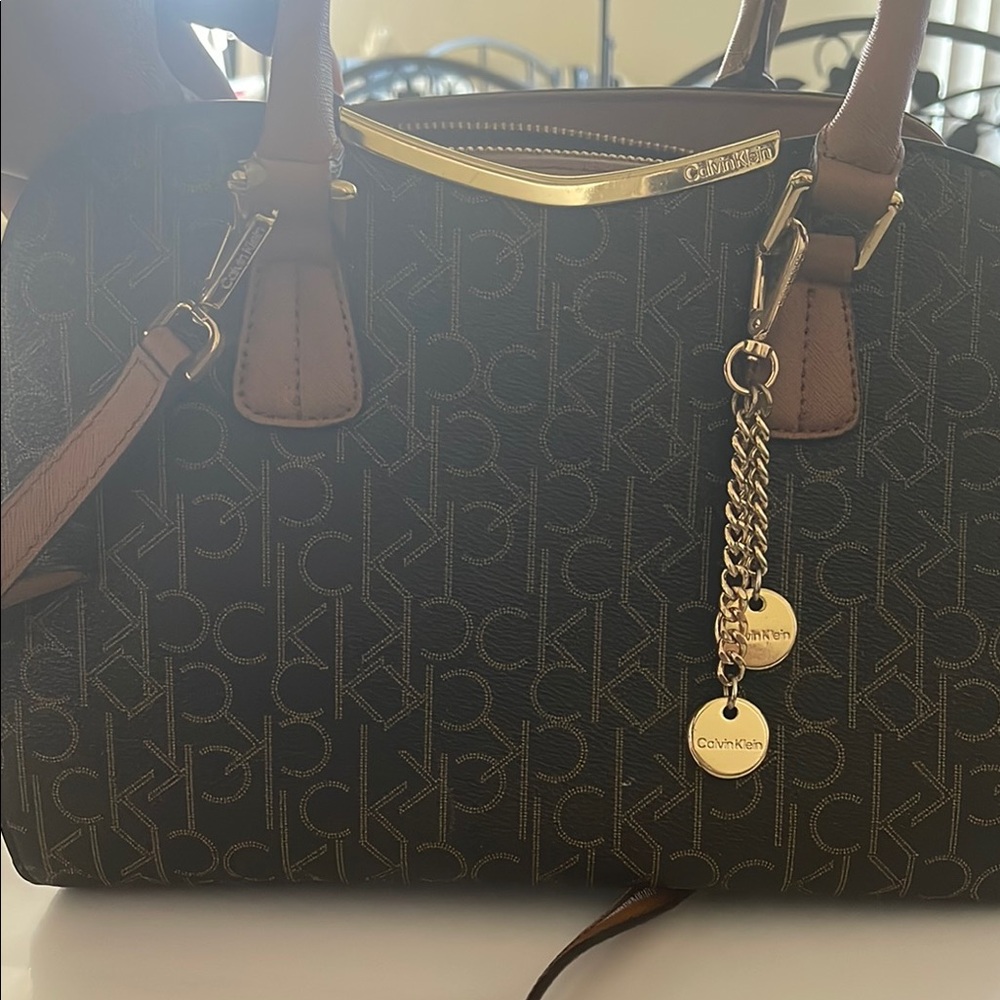 Calvin Klein Brown and Black Satchel with Gold Hardware